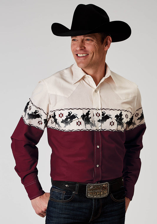 Roper Mens Long Sleeve Snap Bull Aztec Border Western Shirt - Roper