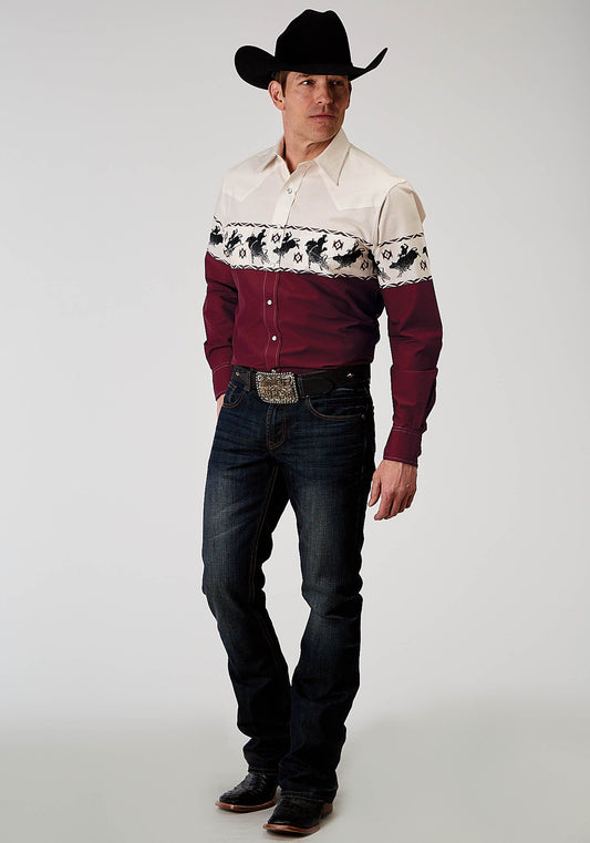 Roper Mens Long Sleeve Snap Bull Aztec Border Western Shirt - Roper