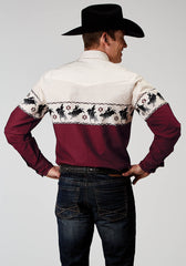 Roper Mens Long Sleeve Snap Bull Aztec Border Western Shirt - Roper