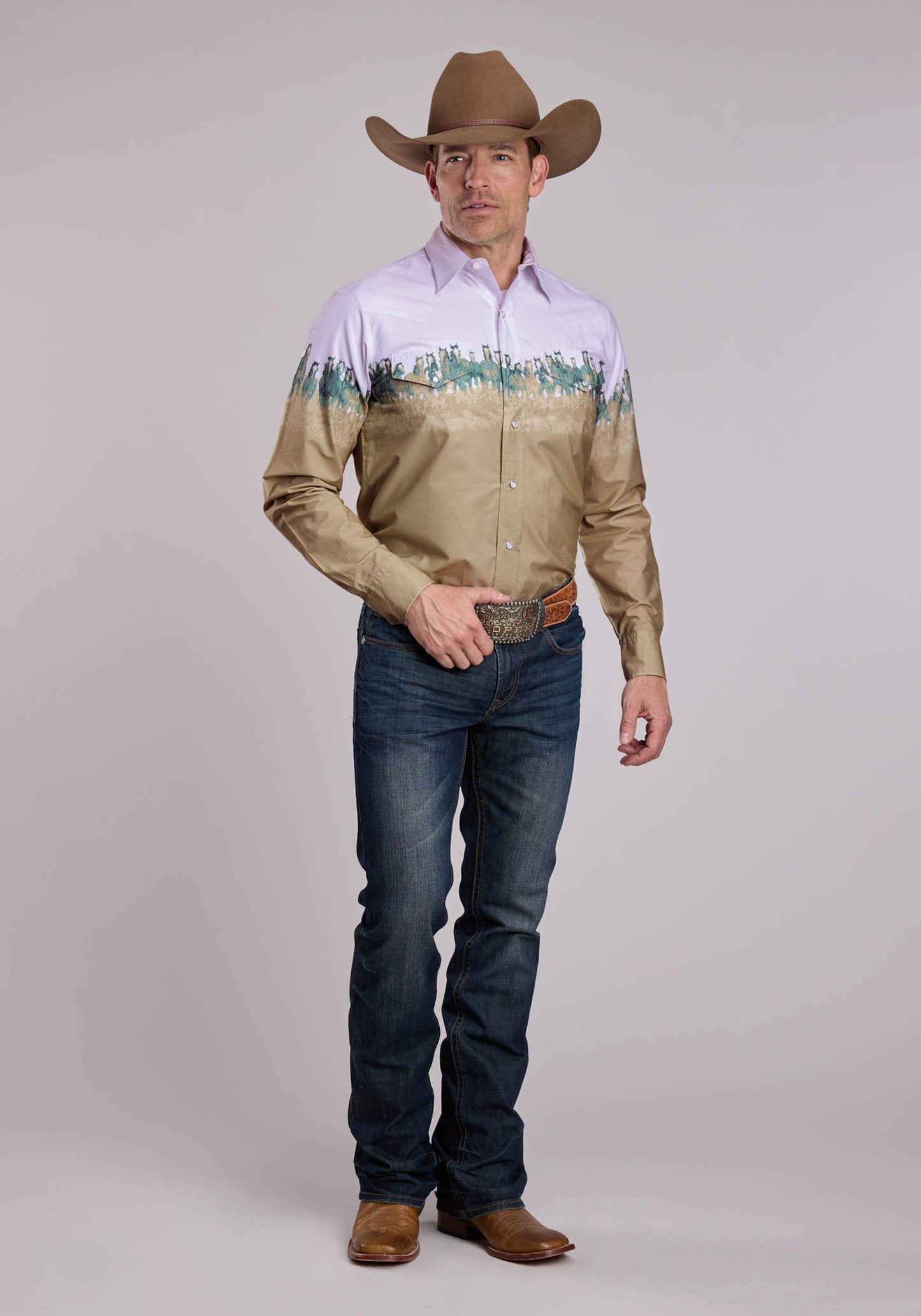 Mens Roper Run Wild Border Long Sleeve Snap Shirt - Roper - Flyclothing LLC