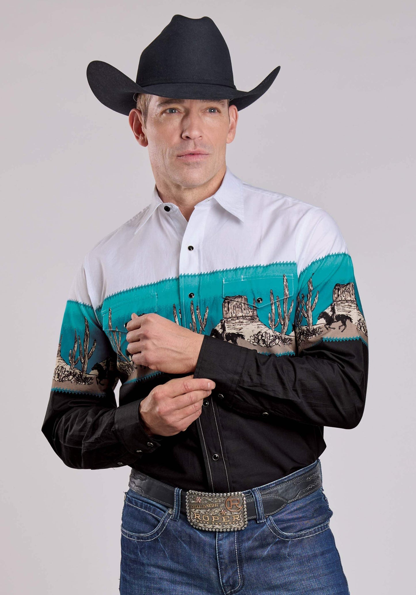 Roper Mens Long Sleeve Snap Scenic Border Western Shirt - Roper - Flyclothing LLC