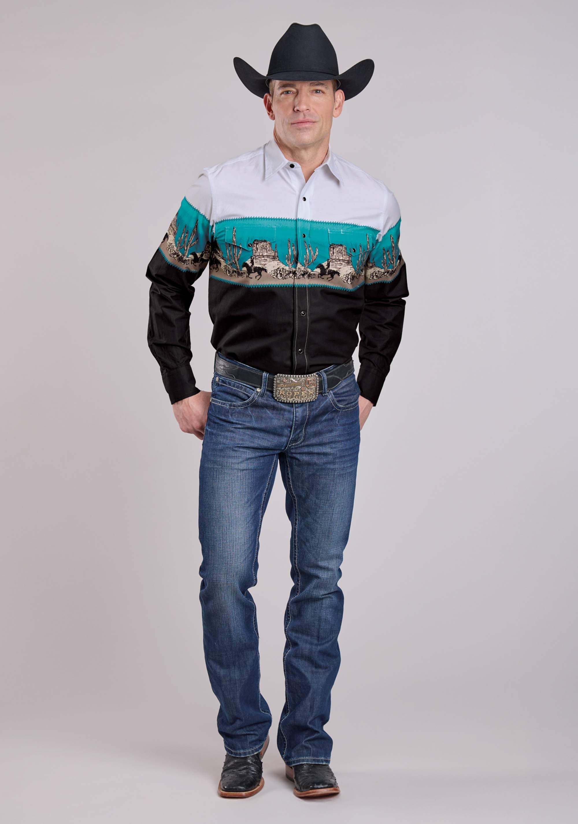 Roper Mens Long Sleeve Snap Scenic Border Western Shirt - Roper - Flyclothing LLC