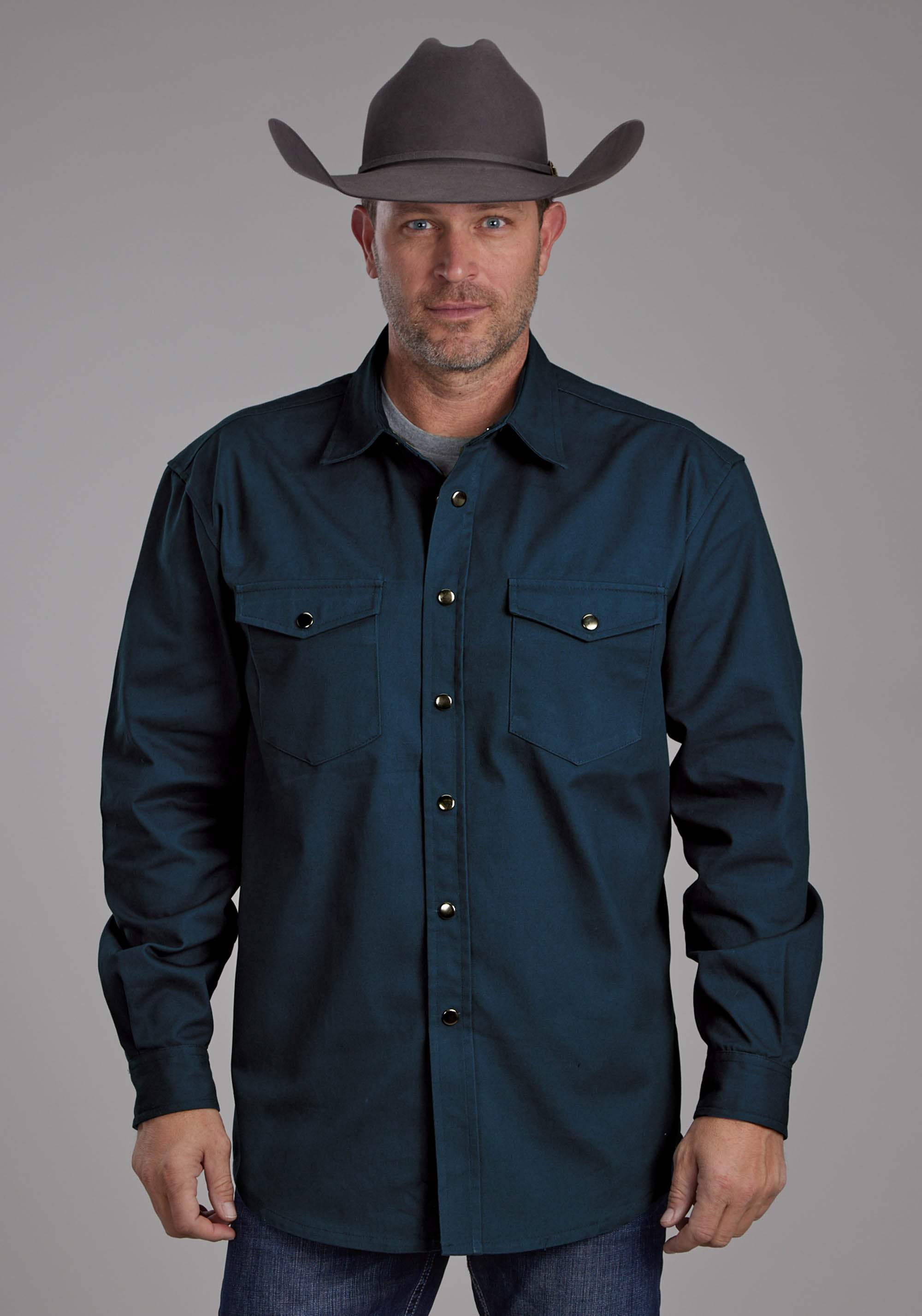 Roper Mens Long Sleeve Twill Shirt - Teal Long Sleeve Snap Western Shirt - Roper - Flyclothing LLC