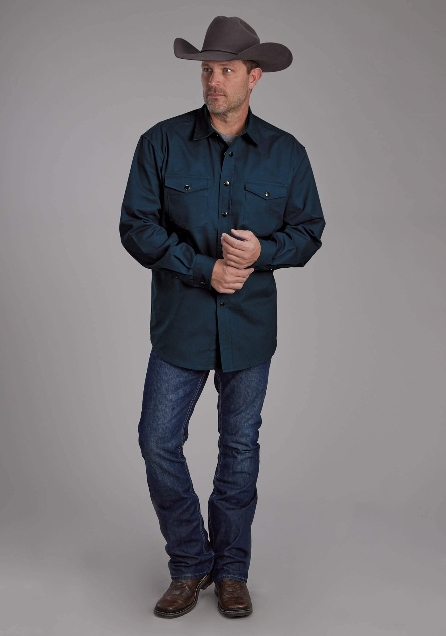 Roper Mens Long Sleeve Twill Shirt - Teal Long Sleeve Snap Western Shirt - Roper - Flyclothing LLC
