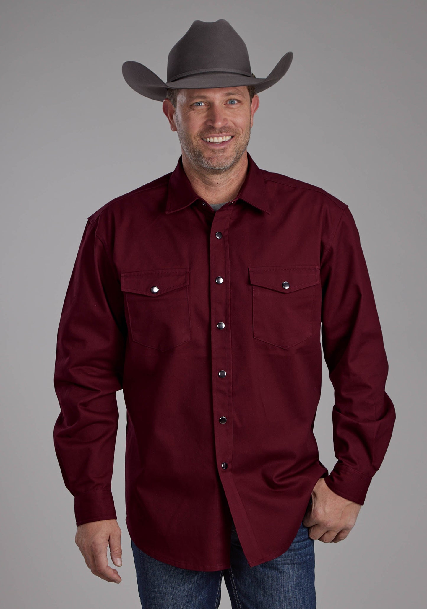 Roper Mens Long Sleeve Twill Shirt - Wine Long Sleeve Snap Western Shi