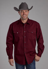 Roper Mens Long Sleeve Twill Shirt - Wine Long Sleeve Snap Western Shi