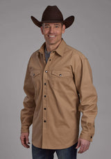 Roper Mens Long Sleeve Twill Shirt - Khaki Long Sleeve Snap Western Shirt - Roper - Flyclothing LLC