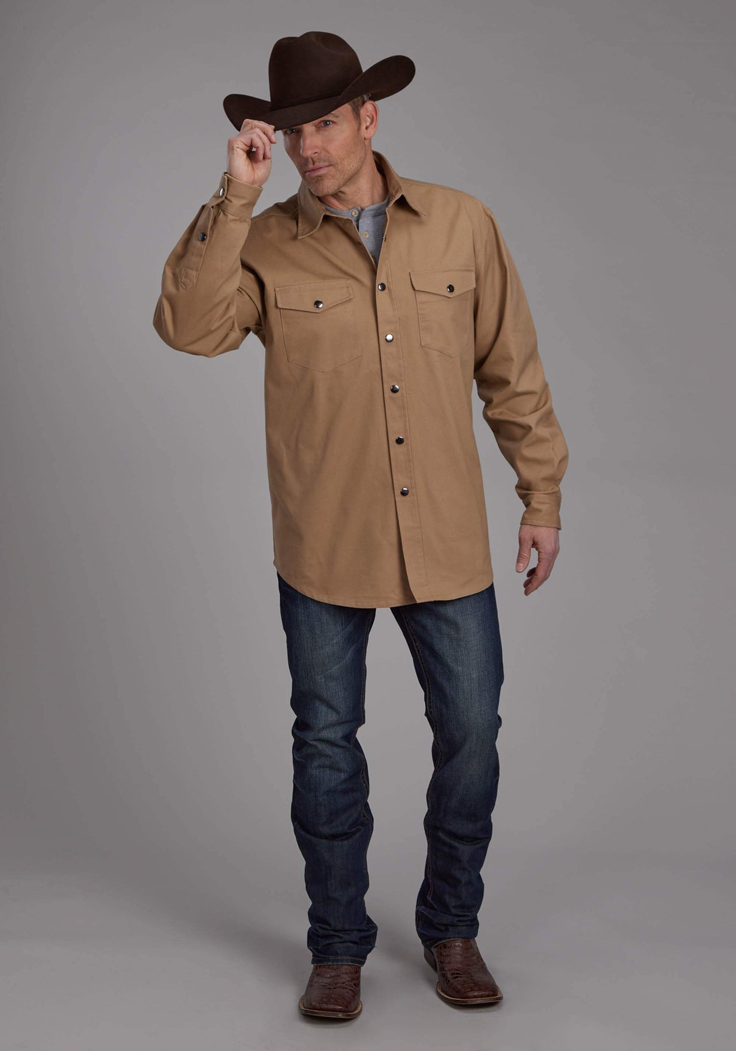 Roper Mens Long Sleeve Twill Shirt - Khaki Long Sleeve Snap Western Shirt - Roper - Flyclothing LLC