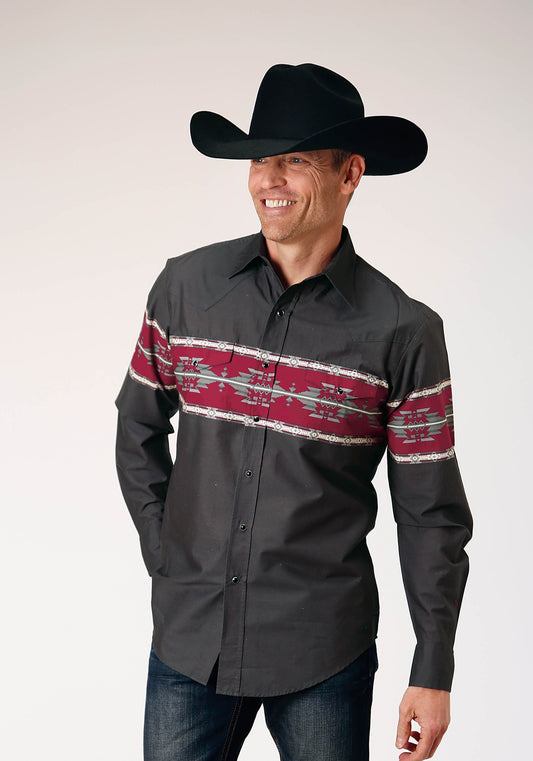 Roper Mens Long Sleeve Snap Aztec Border Western Shirt - Roper