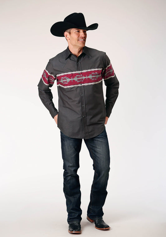 Roper Mens Long Sleeve Snap Aztec Border Western Shirt - Roper