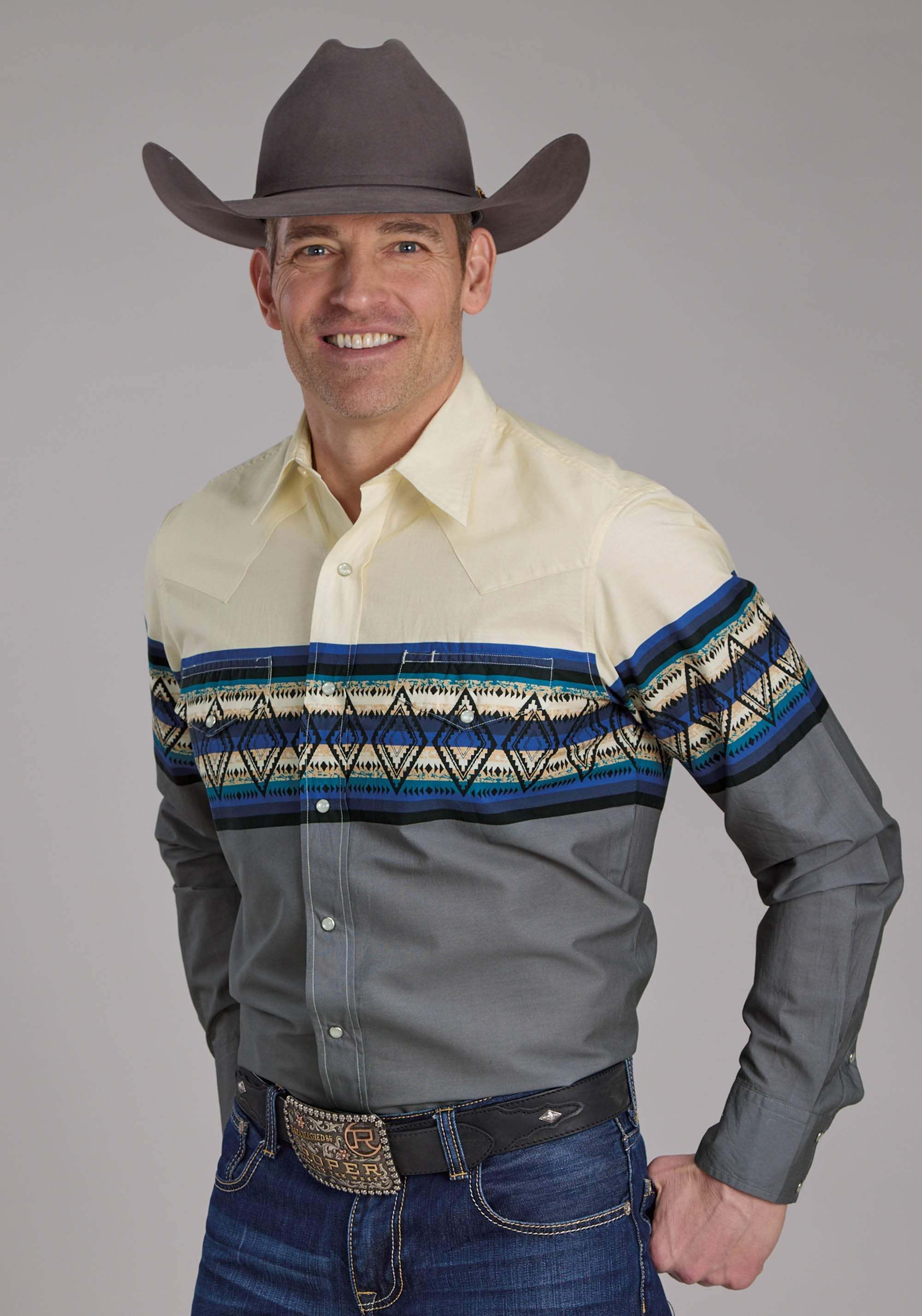Roper Mens Retro Diamond Border Long Sleeve Snap Western Shirt - Roper - Flyclothing LLC