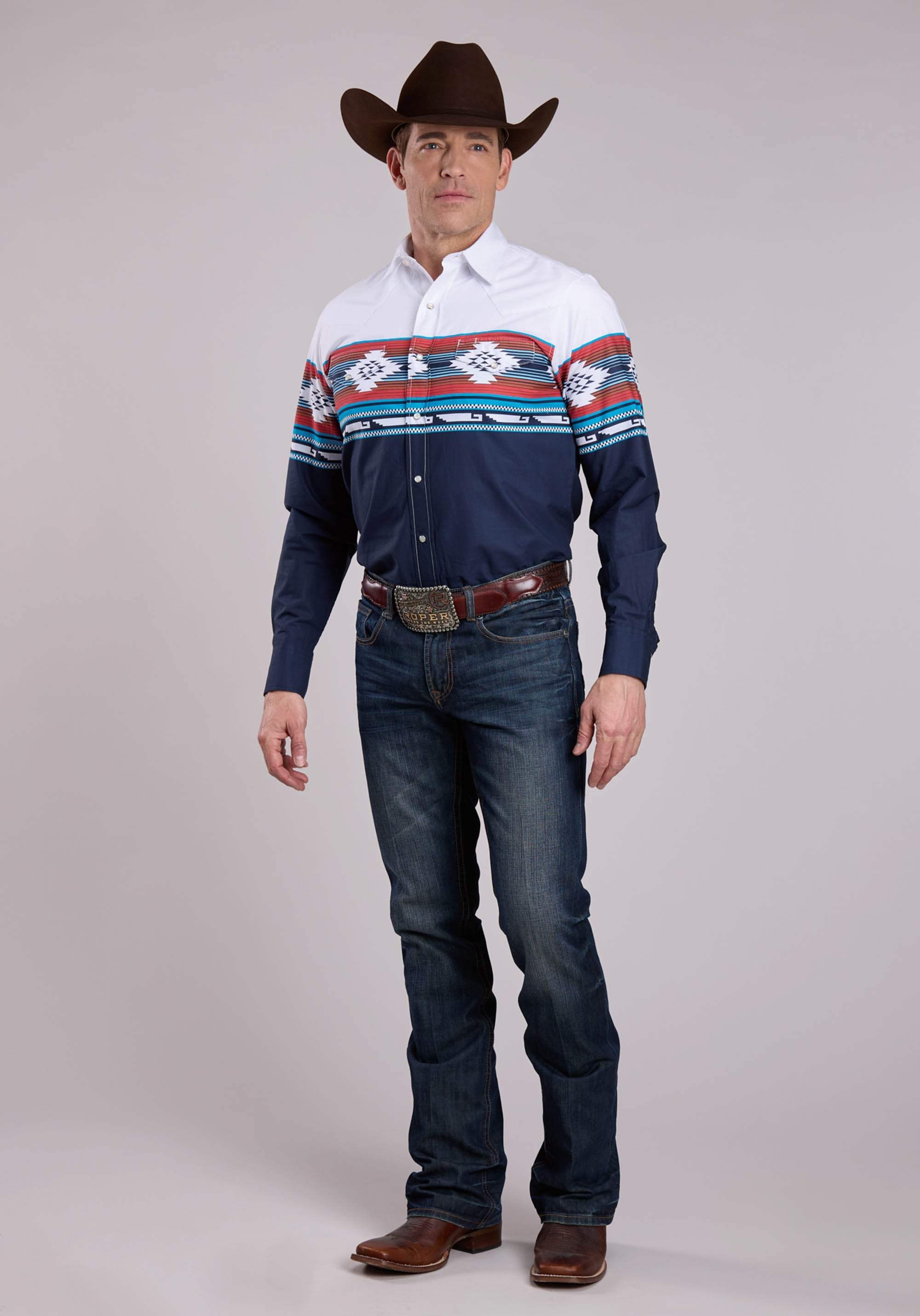 Roper Mens Long Sleeve Snap Horizontal Aztec Ombre Border Print Western Shirt - Roper - Flyclothing LLC