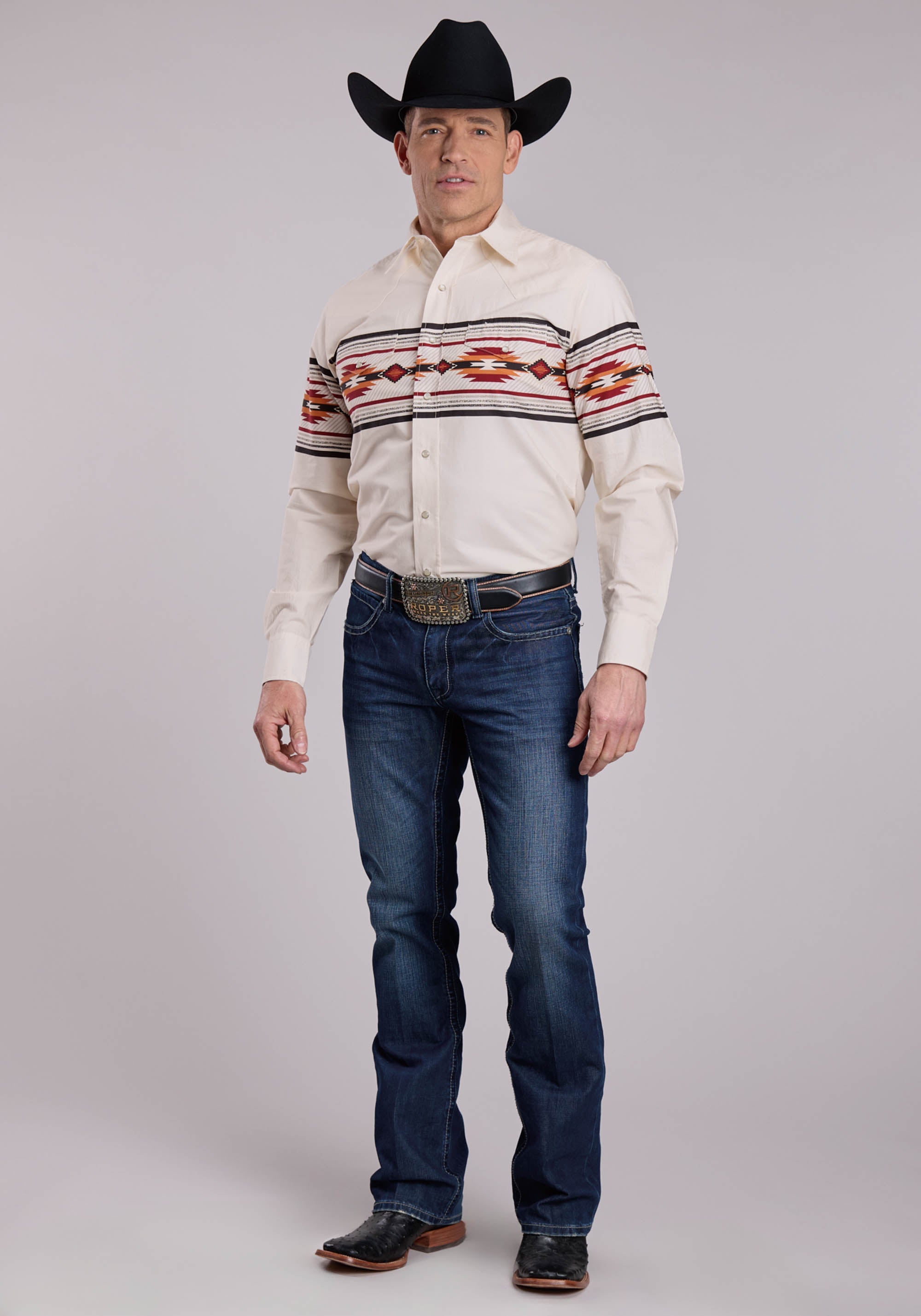 Mens Roper Aztec Border Long Sleeve Snap Shirt