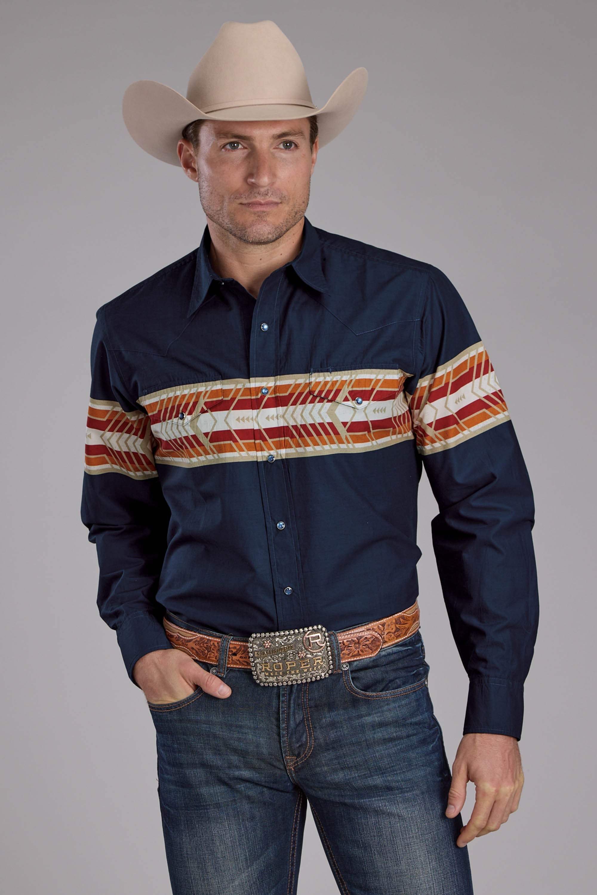 Roper Mens Aztec Border Print Long Sleeve Snap Western Shirt - Roper - Flyclothing LLC
