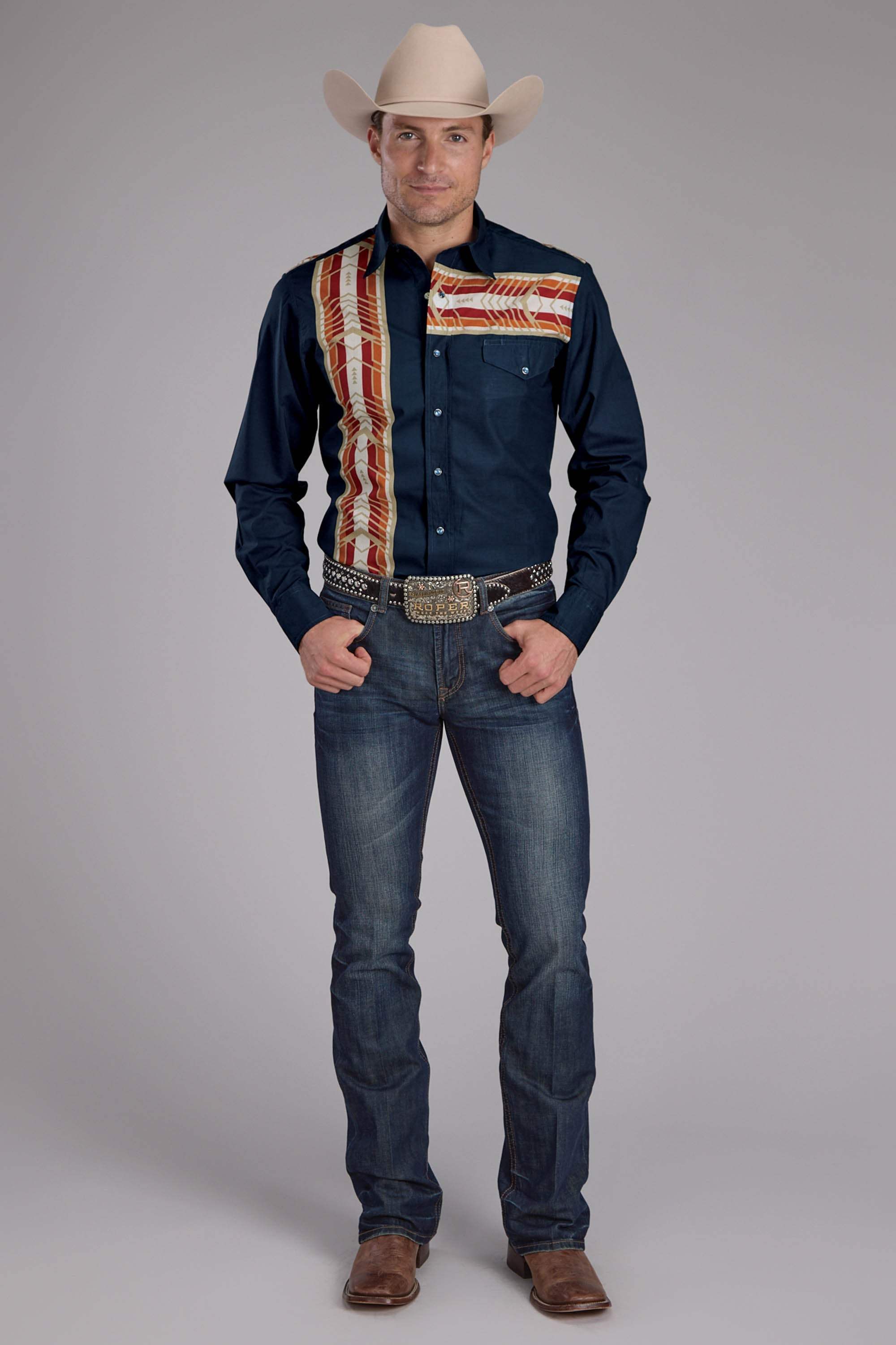 Roper Mens Aztec Border Print Long Sleeve Button Western Shirt - Roper - Flyclothing LLC