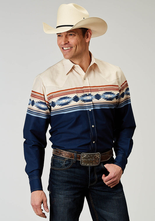 Roper Mens Long Sleeve Snap Distressed Aztec Border Western Shirt - Roper