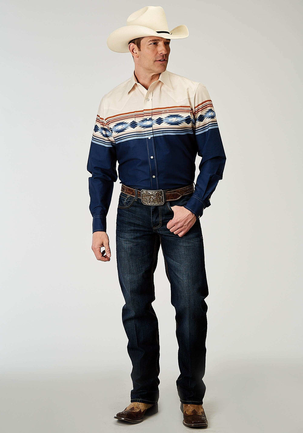 Roper Mens Long Sleeve Snap Distressed Aztec Border Western Shirt - Roper - Flyclothing LLC