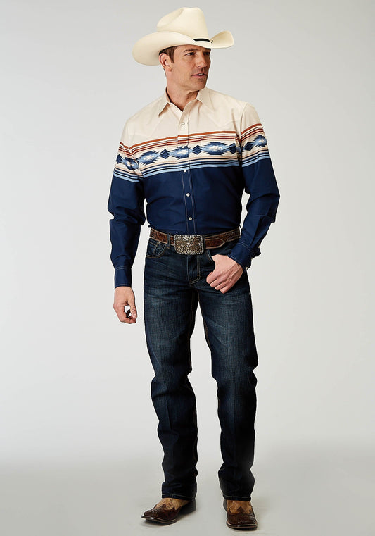 Roper Mens Long Sleeve Snap Distressed Aztec Border Western Shirt - Roper
