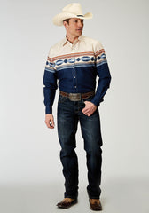 Roper Mens Long Sleeve Snap Distressed Aztec Border Western Shirt - Roper