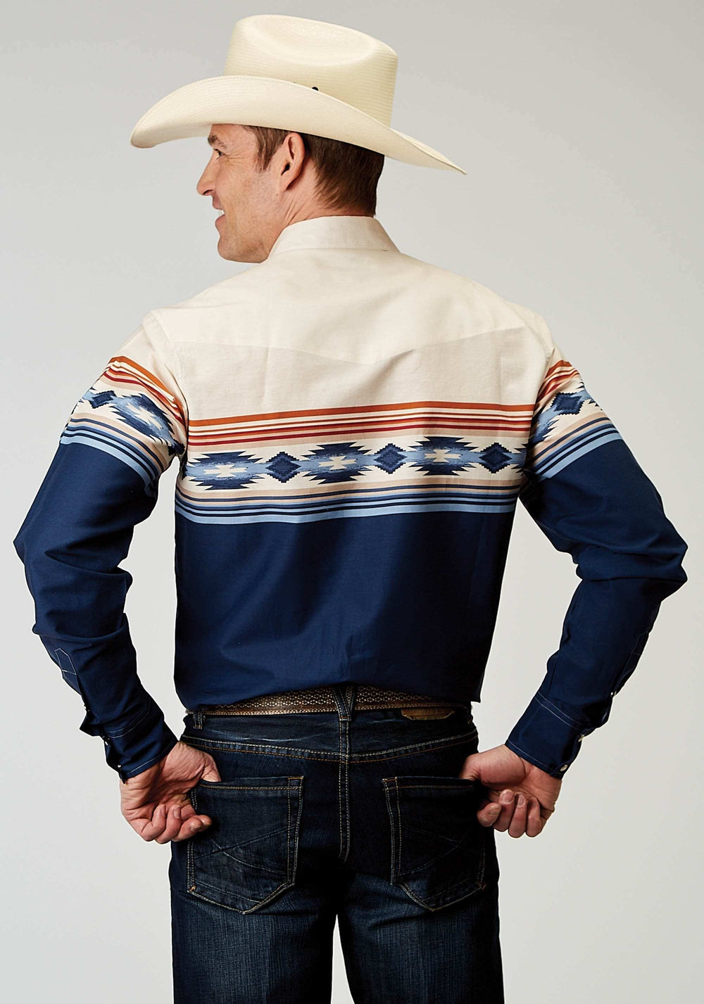 Roper Mens Long Sleeve Snap Distressed Aztec Border Western Shirt - Roper - Flyclothing LLC