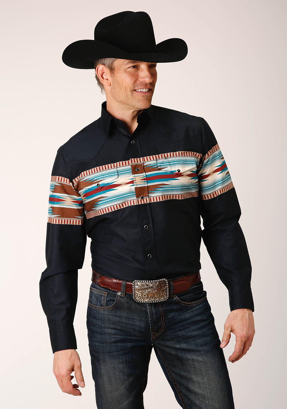 Roper Mens Long Sleeve Snap Blanket Aztec Border Print Western Shirt - Roper