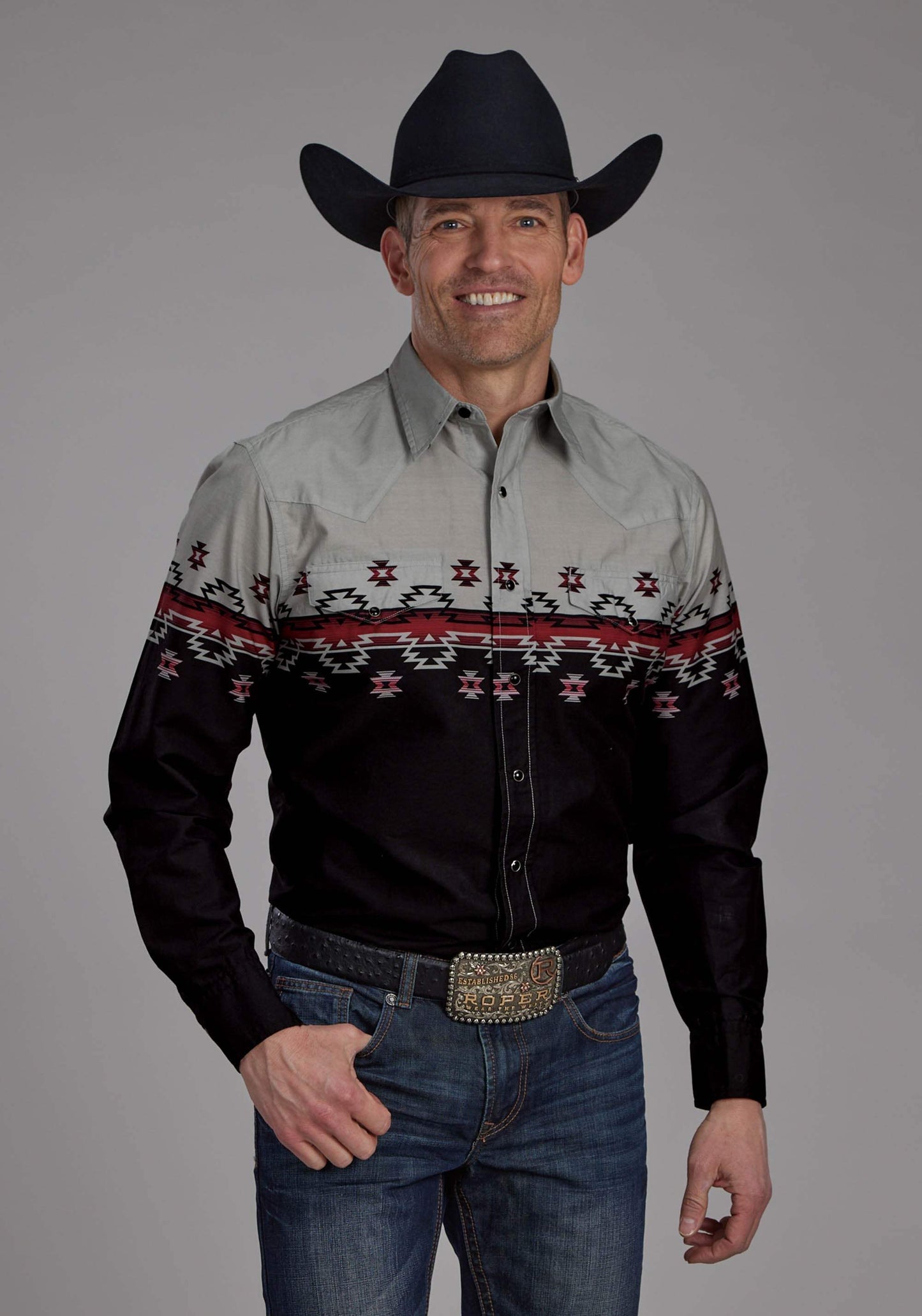 Roper Mens Ombre Aztec Border Long Sleeve Snap Western Shirt - Roper - Flyclothing LLC