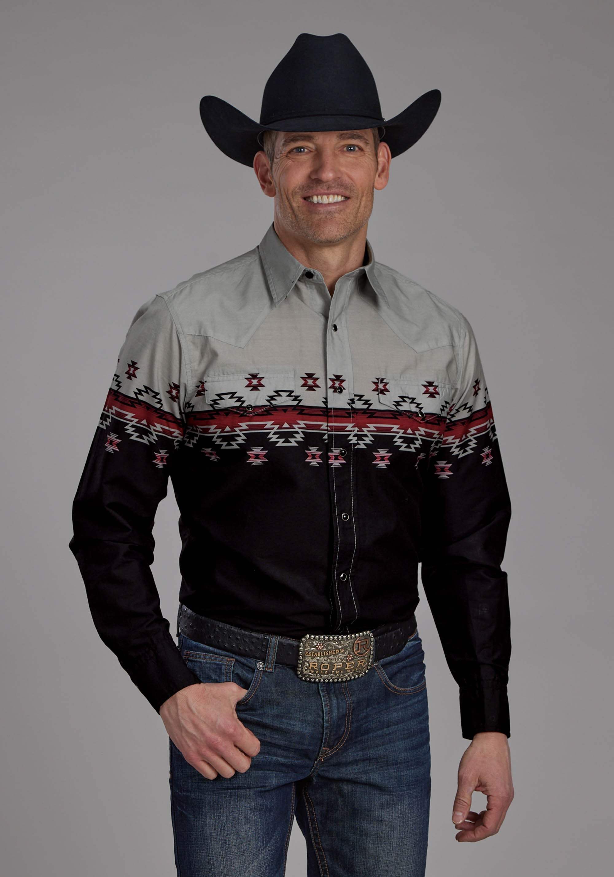 Roper Mens Ombre Aztec Border Long Sleeve Snap Western Shirt - Roper - Flyclothing LLC