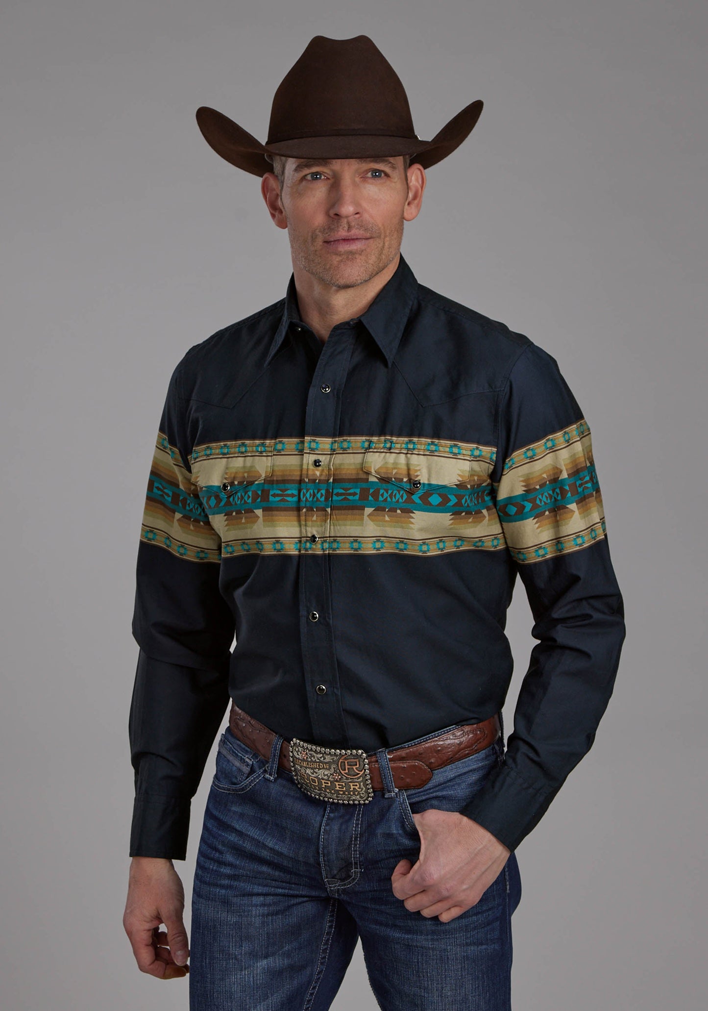Roper Mens Navy Aztec Border Long Sleeve Snap Western Shirt
