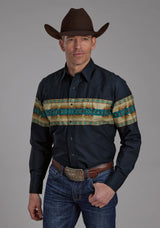 Roper Mens Navy Aztec Border Long Sleeve Snap Western Shirt