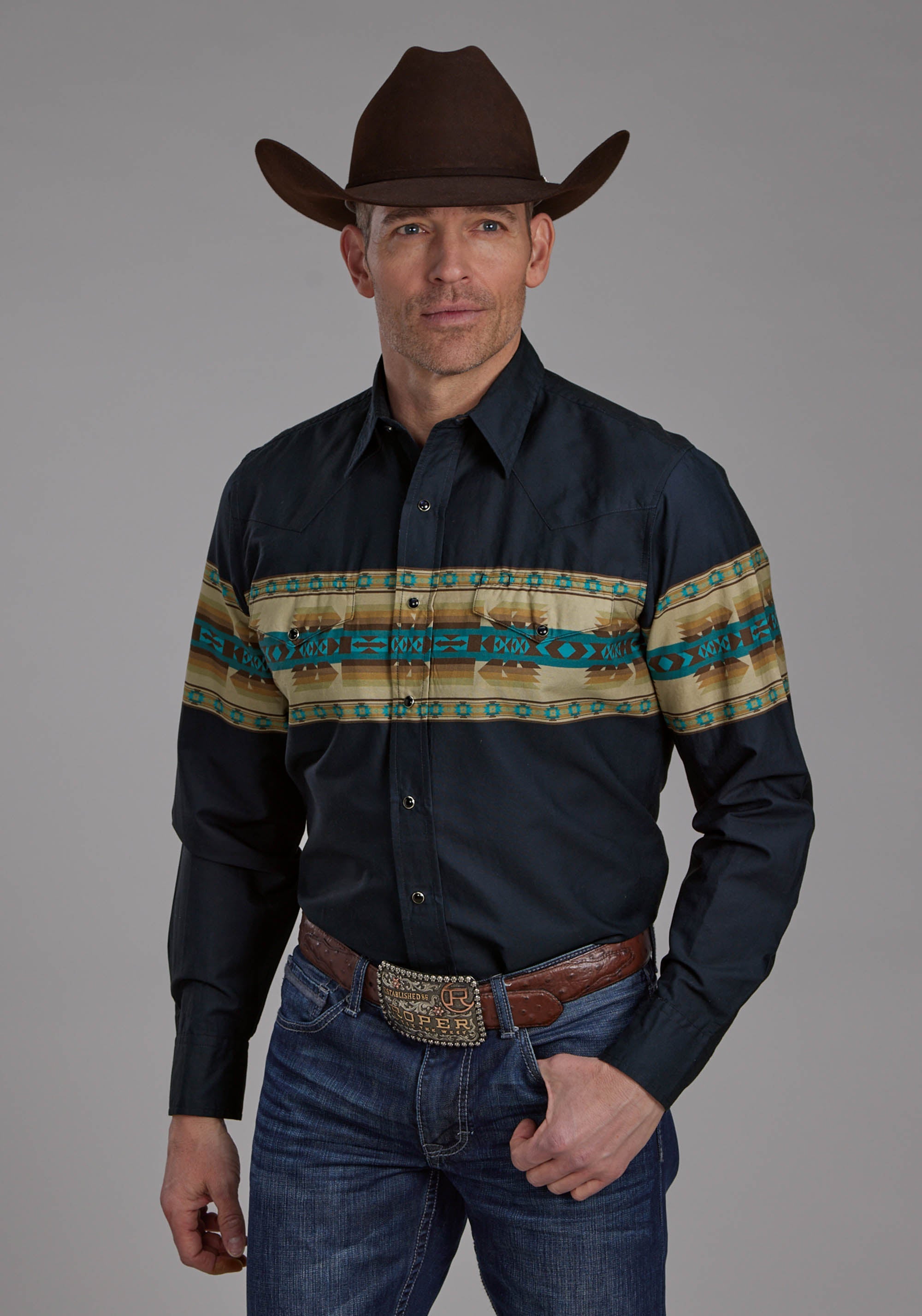 Roper Mens Navy Aztec Border Long Sleeve Snap Western Shirt