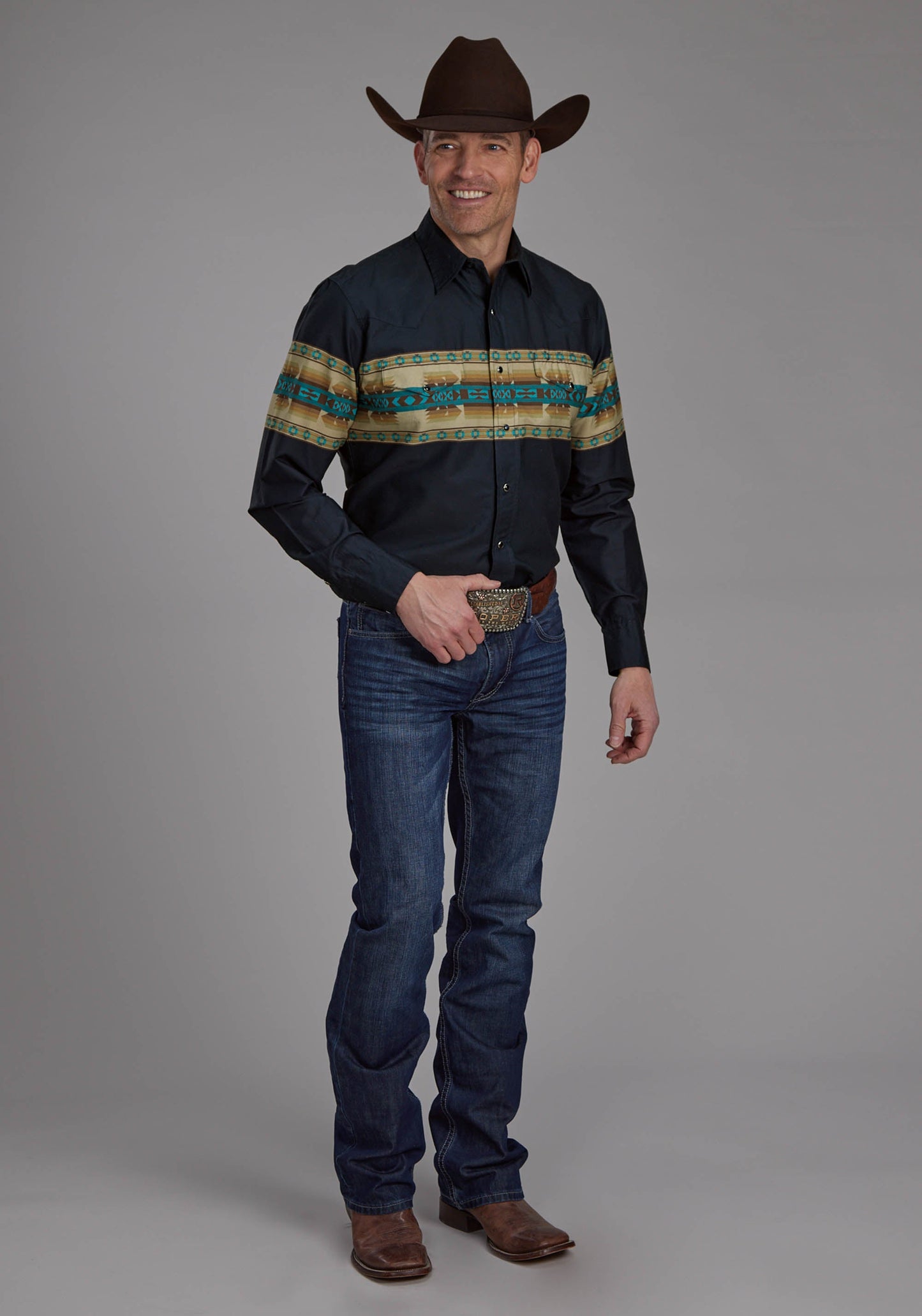 Roper Mens Navy Aztec Border Long Sleeve Snap Western Shirt