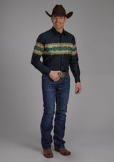 Roper Mens Navy Aztec Border Long Sleeve Snap Western Shirt