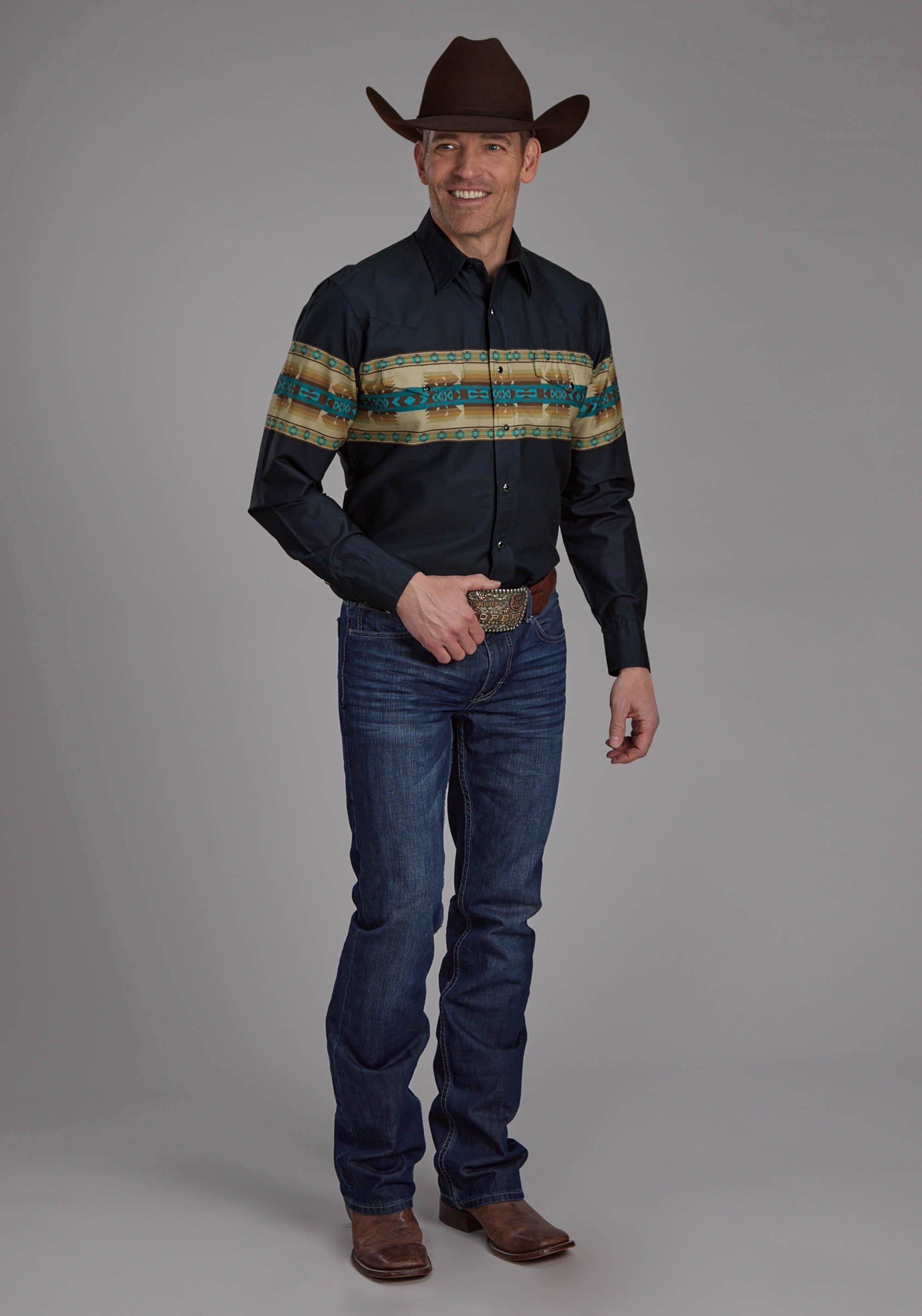 Roper Mens Navy Aztec Border Long Sleeve Snap Western Shirt