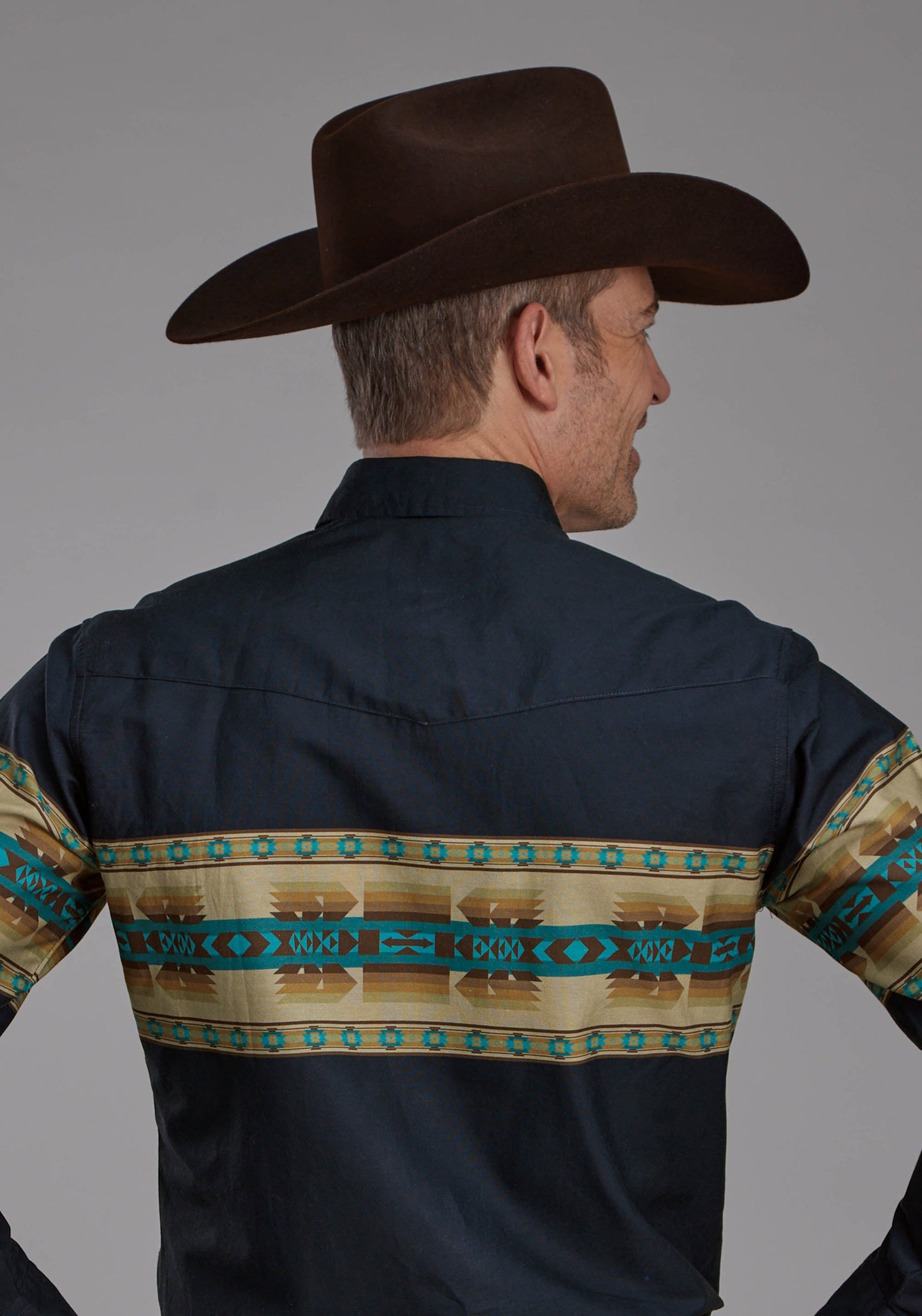 Roper Mens Navy Aztec Border Long Sleeve Snap Western Shirt