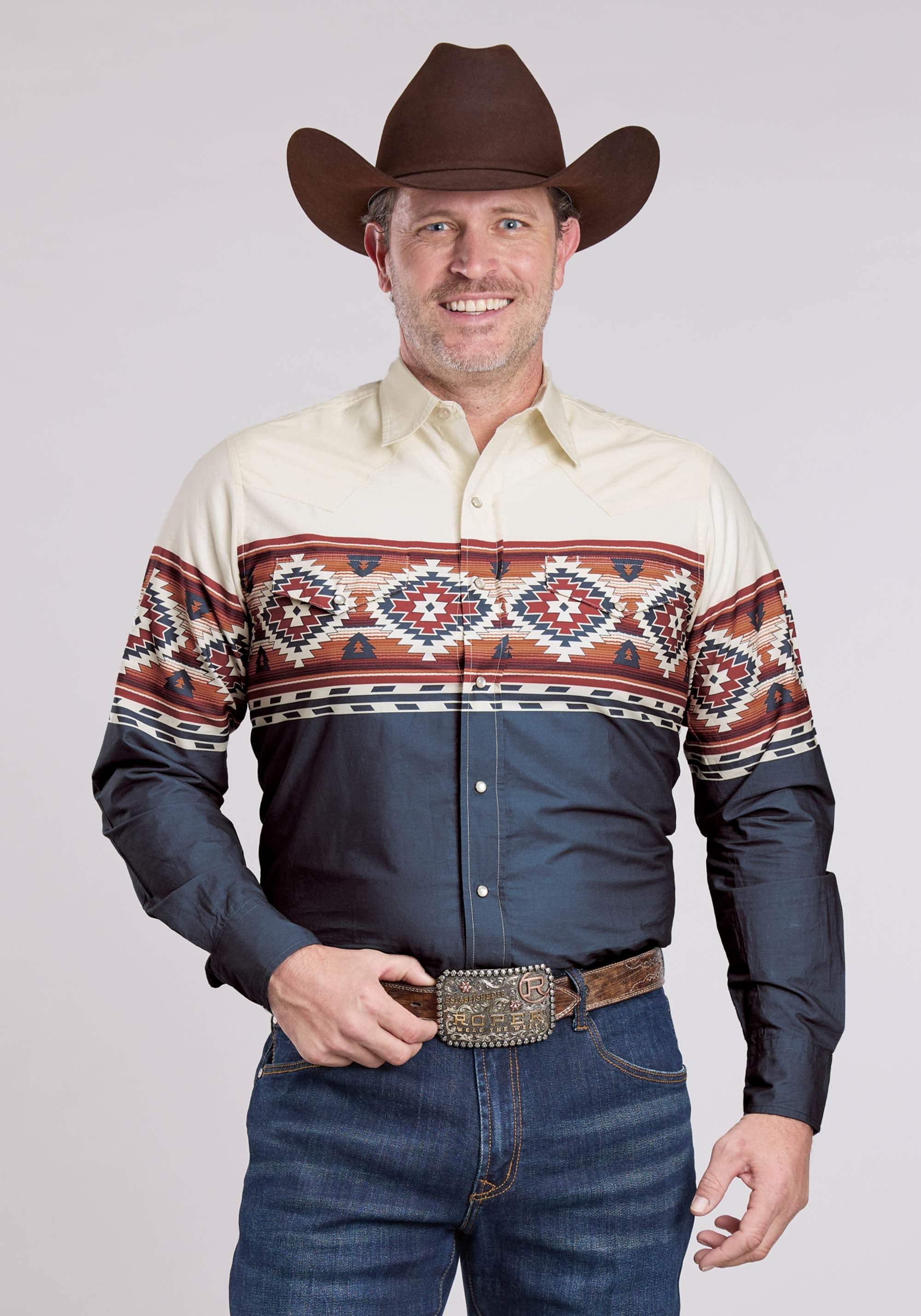 Roper Mens Long Sleeve Snap Ombre Border Print Western Shirt - Roper - Flyclothing LLC