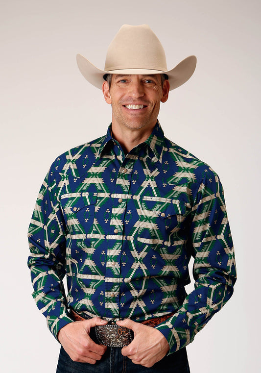 Roper Mens Long Sleeve Snap Navy Aztec Allover Print Western Shirt - Roper