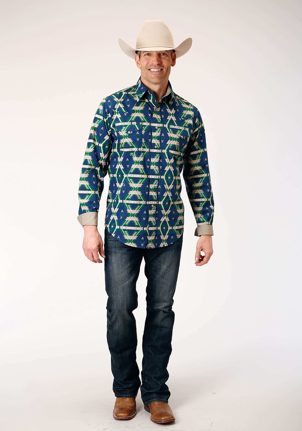 Roper Mens Long Sleeve Snap Navy Aztec Allover Print Western Shirt - Roper - Flyclothing LLC