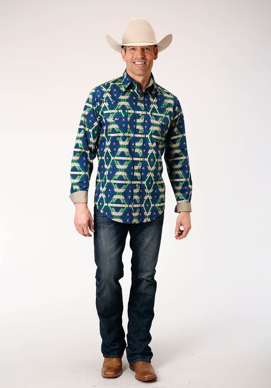 Roper Mens Long Sleeve Snap Navy Aztec Allover Print Western Shirt - Roper