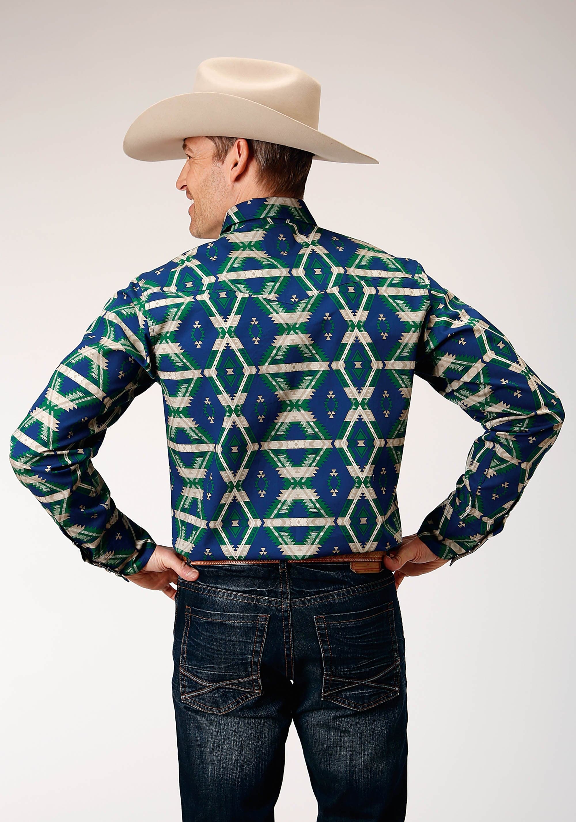 Roper Mens Long Sleeve Snap Navy Aztec Allover Print Western Shirt - Roper