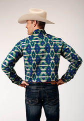 Roper Mens Long Sleeve Snap Navy Aztec Allover Print Western Shirt - Roper