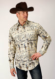 Roper Mens Long Sleeve Snap Vintage Postcard Print Western Shirt - Roper