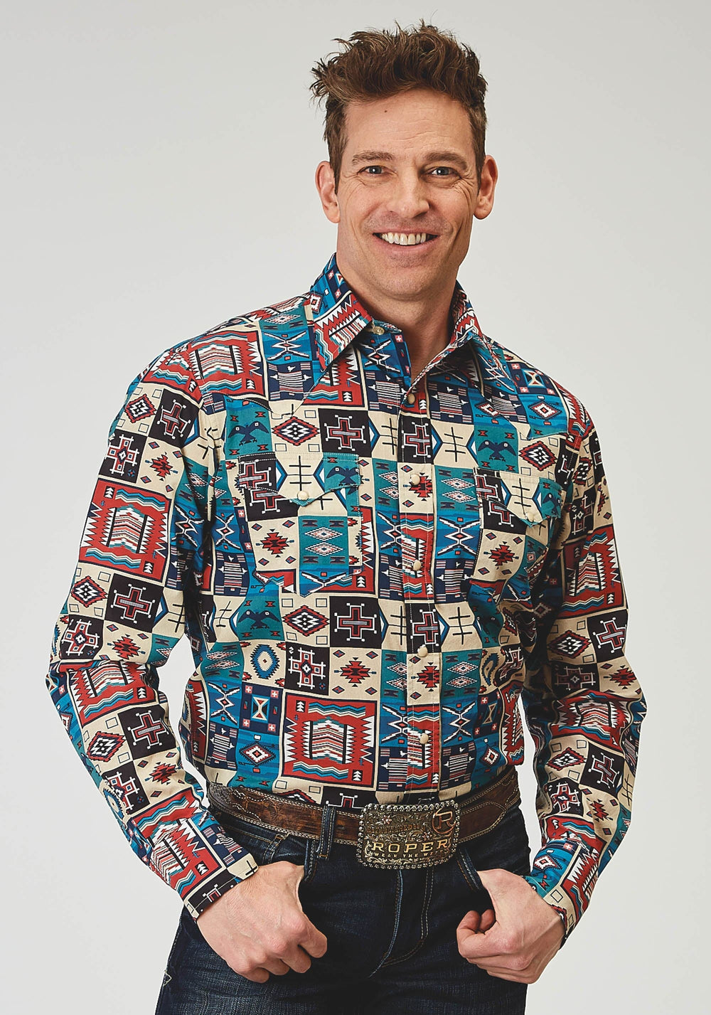 Roper Mens Long Sleeve Snap Vintage Patchwork Print Western Shirt - Roper