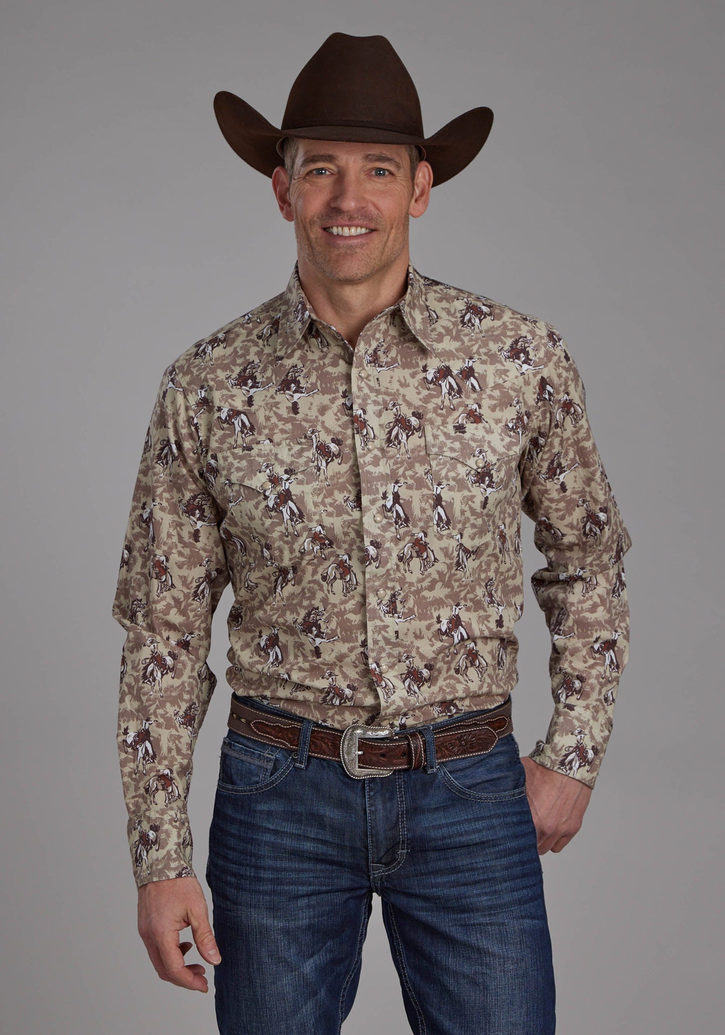 Roper Mens Brushstroke Cowboys Print Long Sleeve Snap Western Shirt