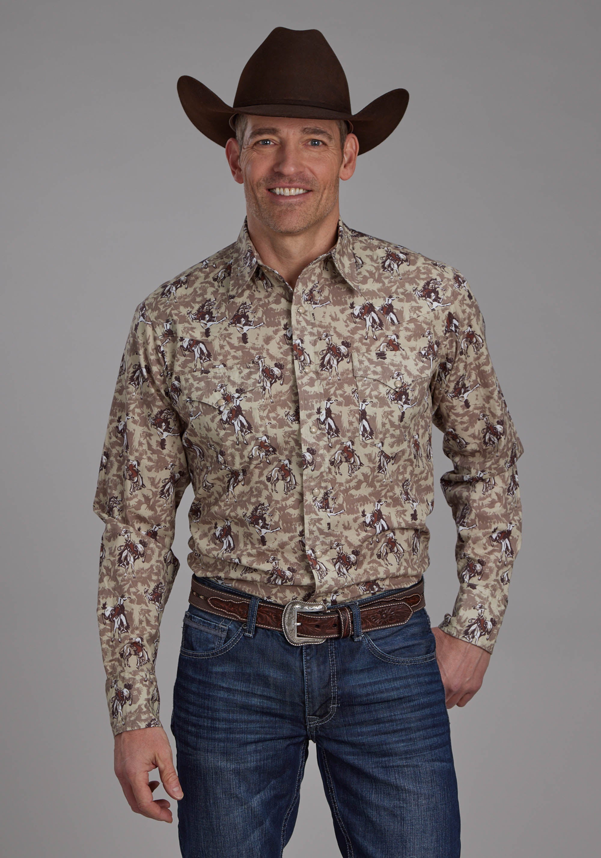 Roper Mens Brushstroke Cowboys Print Long Sleeve Snap Western Shirt