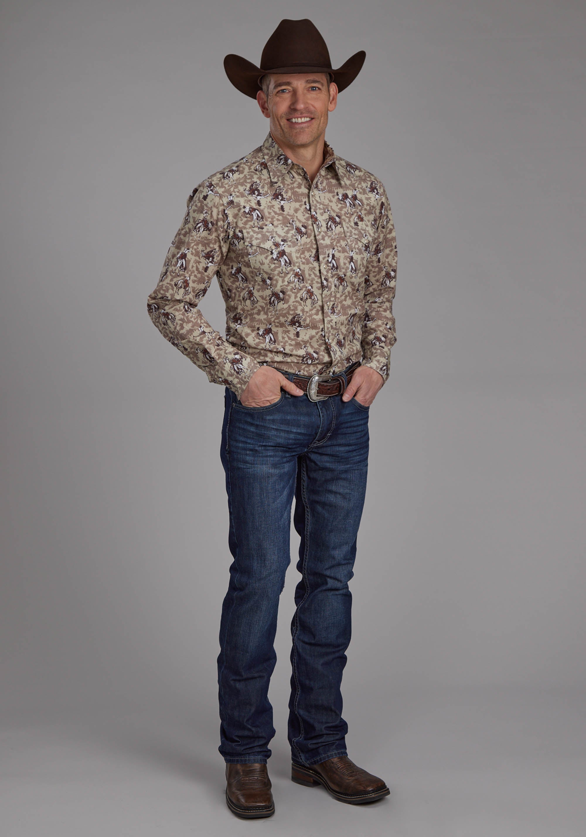 Roper Mens Brushstroke Cowboys Print Long Sleeve Snap Western Shirt