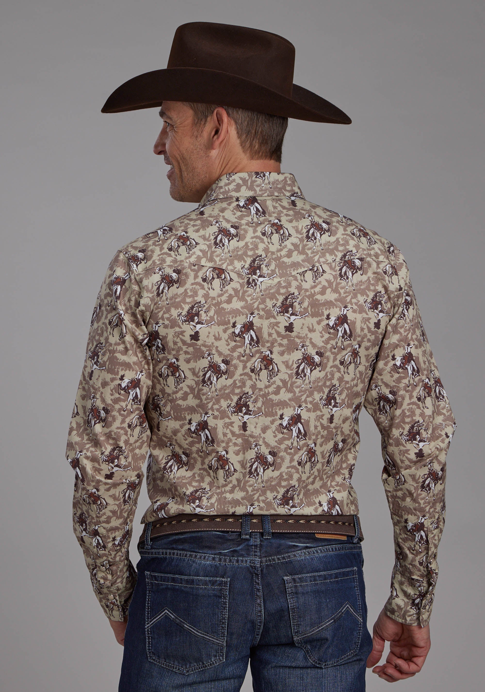 Roper Mens Brushstroke Cowboys Print Long Sleeve Snap Western Shirt