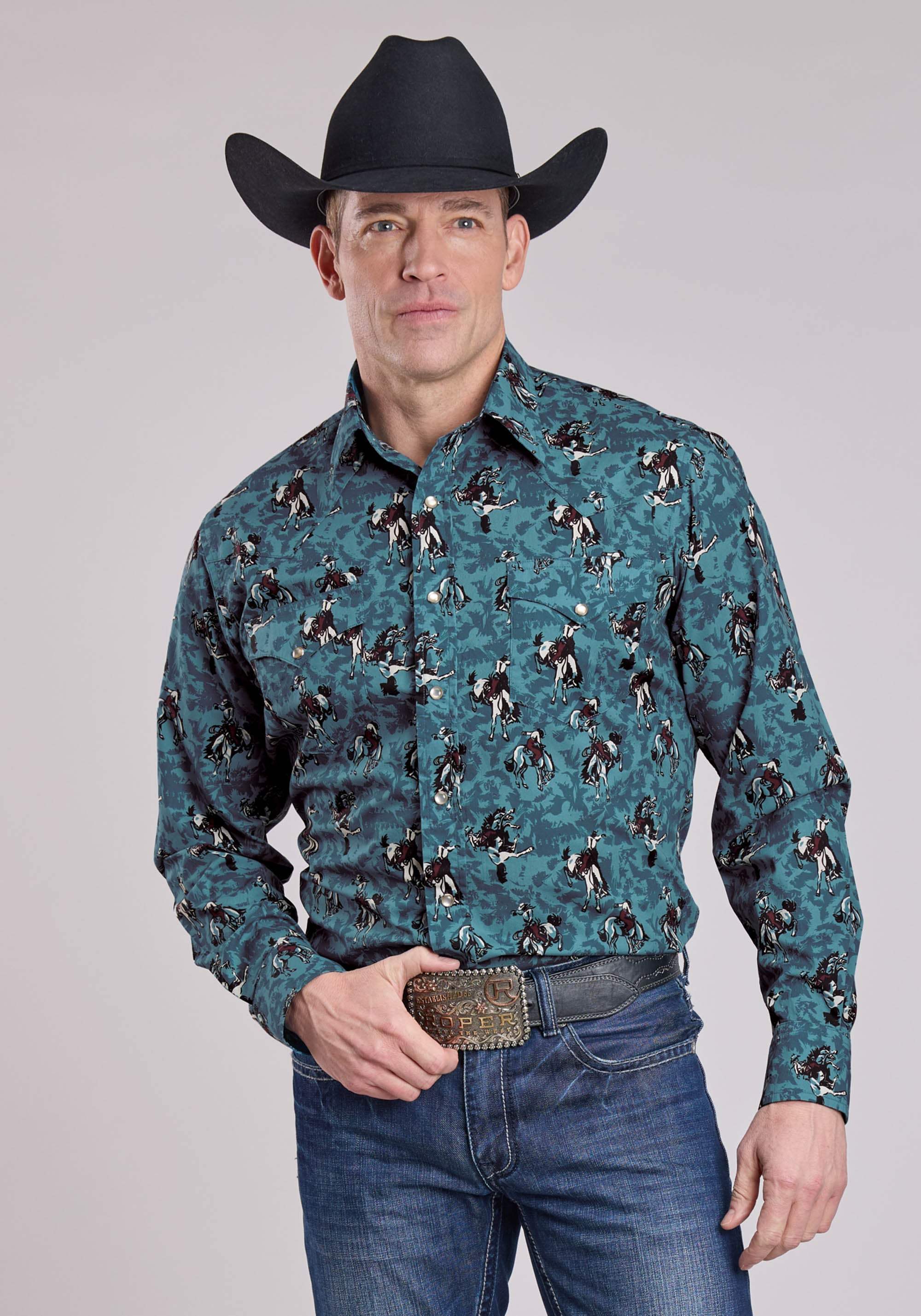 Roper Mens Long Sleeve Snap Brushstroke Cowboys Print Western Shirt - Roper - Flyclothing LLC