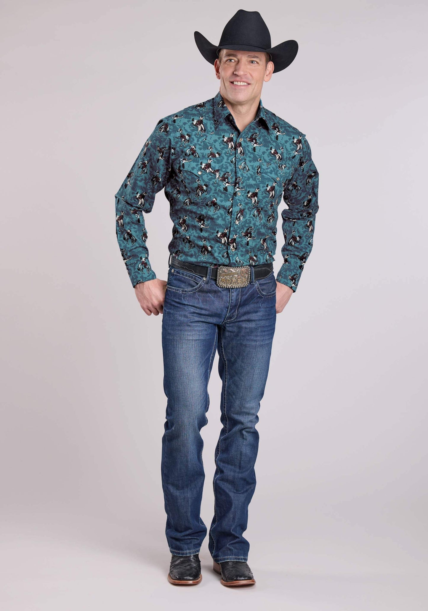Roper Mens Long Sleeve Snap Brushstroke Cowboys Print Western Shirt - Roper - Flyclothing LLC