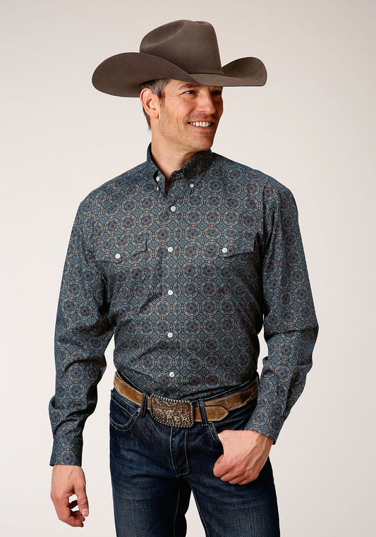 Roper Mens Long Sleeve Button Redwood Medallion Western Shirt Tall Fit - Roper