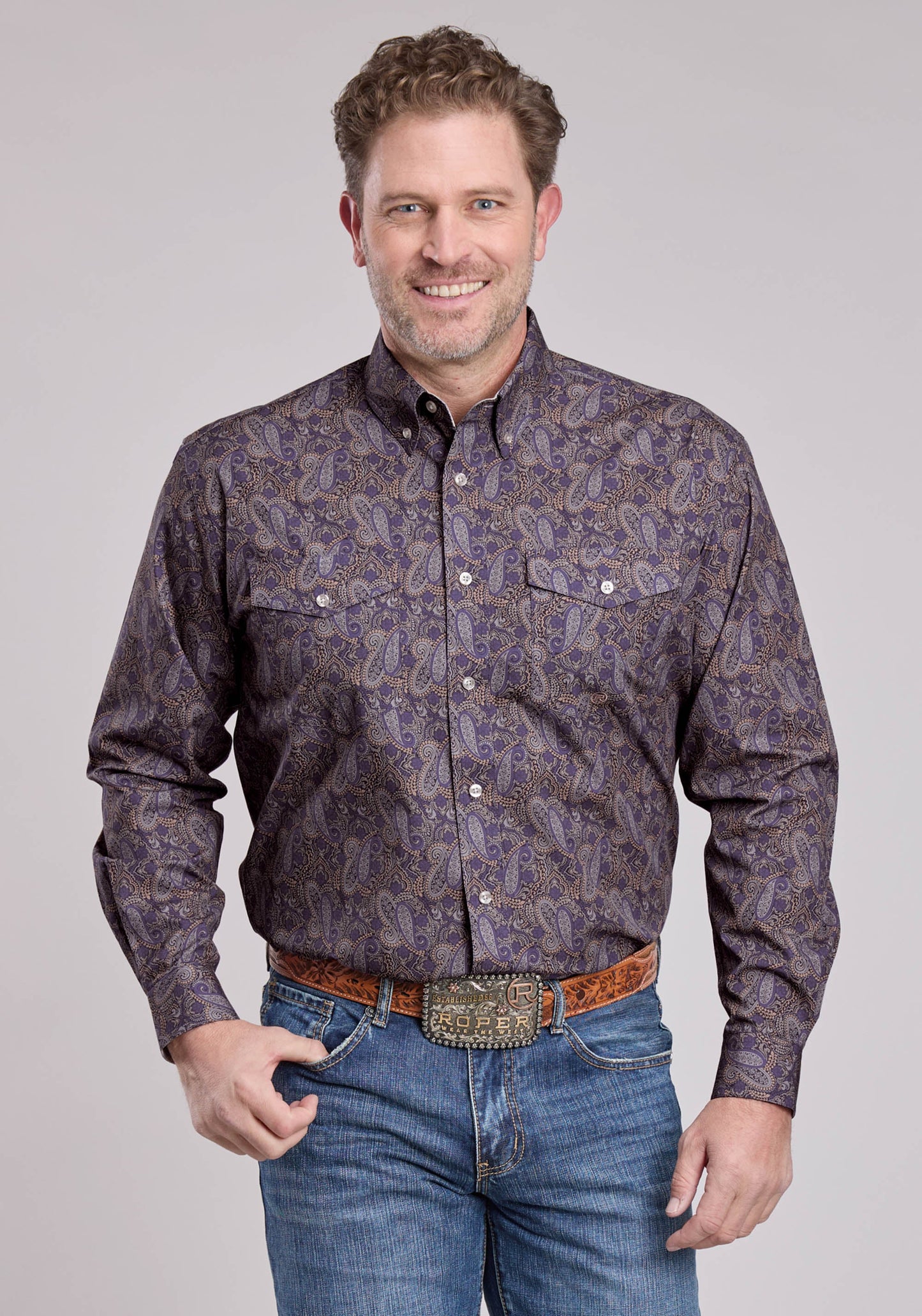 Roper Mens Long Sleeve Button Purple Haze Paisley Western Shirt